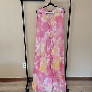 Elegant Pink and Yellow Tie-Dye Maxi Skirt